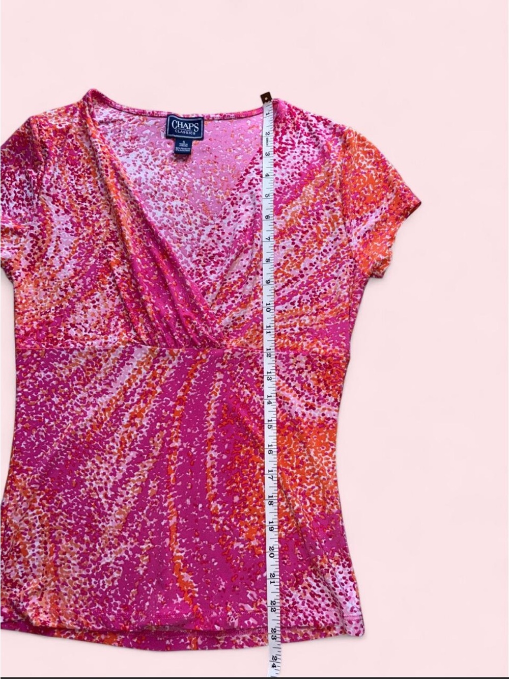Y2K 2000s Style Chap’s Classics Abstract Pink & Orange V-Neck Faux Wrap Top - Picture 7 of 7